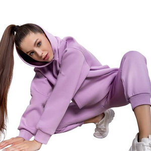 Ensemble de survêtement à capuche pour femmes, couleur unie, manches longues, taille élastique, vêtements décontractés d'automne, streetwear léger, 100% coton - Product Image 5