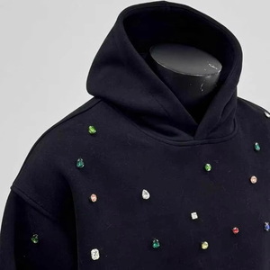 Sweat-shirt à capuche noir pour homme, orné de strass, coupe ample, en coton French Terry, pour l'automne - Product Image 3