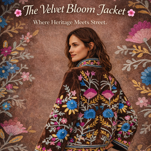 Chaqueta de terciopelo marrón moca de lujo del fabricante, con bordado elaborado, manga larga y ajuste cómodo. - Product Image 6