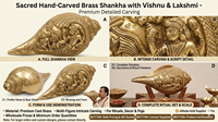Coquille Vishnu Shankh en laiton plaqué or, style Art Déco, motif floral artisanal, durable, artistique, conque décorative spirituelle pour Puja hindou