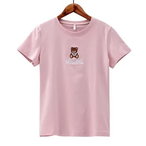 เสื้อยืดผ้าฝ้ายผู้หญิงสีชมพูแขนสั้นคอกลมปักลายการ์ตูนหมีเสื้อลำลองฤดูร้อน - Product Image 1