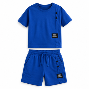 Ensemble t-shirt et short en coton tricoté unisexe à manches longues, couleur personnalisée, tenue décontractée d'été pour enfants - Product Image 1
