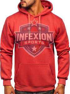Men's Red Hooded Sweatshirt Regular Fit Solid Color Casual Fleece Hoodie with Front Pocket Knitted Cotton Autumn Wear - Product Image 1