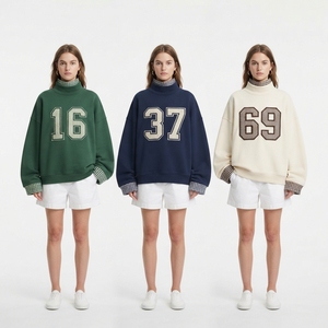 Sweat-shirt rose oversize à col roulé pour femme avec logo brodé numéro 27 sur le devant, épaules tombantes, manches longues, tenue décontractée d'automne - Product Image 4