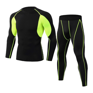 Men's Black <b>Neon</b> <b>Green</b> Compression Set Long Sleeve Crew Neck Full Length Quick Dry Breathable Sporty Fitness Wear - Product Image 1