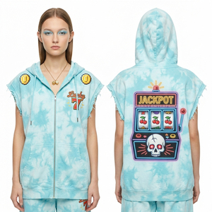 Sudadera con capucha sin mangas con cremallera para mujer, 350GSM, con estampado de ojo místico, calavera y cactus, estilo Hippie Boho, para verano, color melocotón y efecto tie-dye - Product Image 5