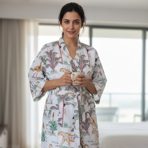 Bata Kimono de Algodón con Estampado Animal Blanco, Larga, Ligera, con Bolsillo Frontal, para Verano y Spa - Product Image 2