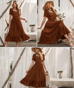 Vestido Midi de Lino y Algodón con Volantes, Mangas Abullonadas, Cintura Imperio, Estilo Bohemio, Transpirable, Fruncido, Marrón, Verano, Vintage, Venta al por Mayor - Product Image 2