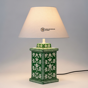 Premium Green Inlay <b>Table</b> <b>Lamp</b> Designer Bedside <b>Lamp</b> with Floral Pattern <b>Base</b> - Product Image 1