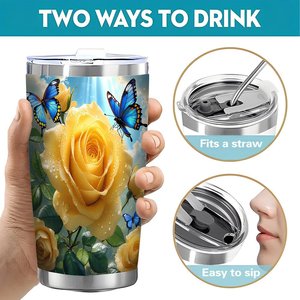 Gobelet isotherme en acier inoxydable de 20 oz à double paroi avec motif de rose jaune et de papillon, tasse portable pour le sport et les activités de plein air - Product Image 5