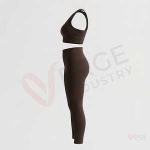 <b>Women</b> Brown Seamless Yoga Set 2 Piece Racerback Crop Top High Waist <b>Leggings</b> - Product Image 3