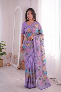 <b>Purple</b> Floral Embroidered Rayon <b>Saree</b> With Lace Border Traditional Indian Wear For Women All Seasons - Product Image 1