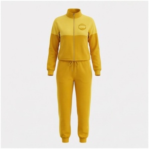 <b>Women</b> Yellow Tracksuit Set Full <b>Zip</b> Jacket With Logo Side Pockets Jogger Pants Casual Autumn Wear 100% Polyester Midweight - Product Image 1