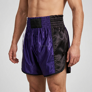 Custom Purple <b>Men</b> Muay Thai Shorts Tri Color Panel Kickboxing <b>Trunks</b> Wholesale Custom Logo Satin MMA Fighting Shorts - Product Image 4