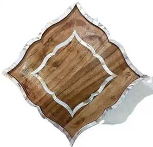 Plateau de service carré en bois avec incrustation de nacre pour la restauration, plateau décoratif pour la présentation des aliments, plateau à vaisselle - Product Image 1
