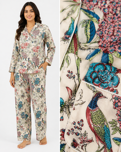 Women's Luxury Cotton Sleepwear Set Floral Bird Print <b>Button</b> <b>Front</b> Pajama Premium Nightwear Collection - Product Image 2
