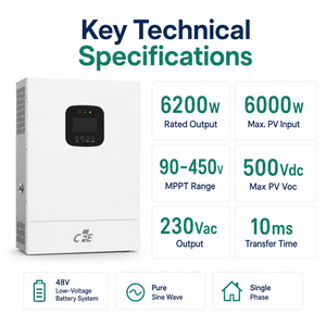 Inversor Híbrido de 6.2kW 48V <span class=keywords><strong>CFE</strong></span> SPI4862V100-500P, Sistema de Almacenamiento de Energía para el Hogar, Respaldo de Batería, Onda Sinusoidal Pura, Iones de Litio, Monofásico, UPS - Product Image 4
