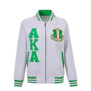 Chaqueta universitaria unisex AKA Heather Grey Fleece con bordado de chenilla verde con letras griegas, estilo universitario, de algodón premium con cremallera. - Product Image 1