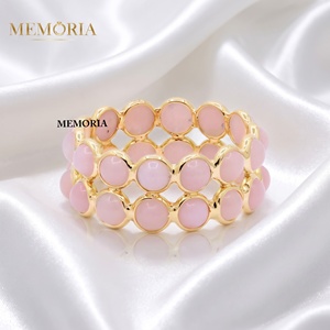 Bague double bande en or jaune massif 18 carats avec opale rose naturelle luxueuse sertie clos pour femme, cadeau de bijoux de mariage - Product Image 6