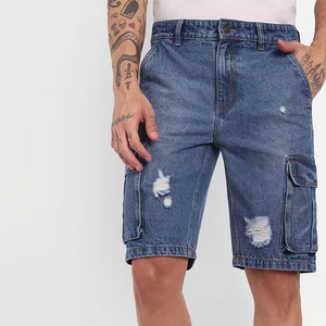 Shorts cargo en jean bleu déchiré et délavé pour homme, taille mi-haute élastique, style décontracté Bermuda, 100 % coton, tissu respirant tissé - Product Image 5
