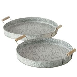 Plateaux de service ronds en métal gaufré avec poignées, lot de 2, en fer galvanisé gris, design vintage, décoration de cuisine durable - Product Image 4