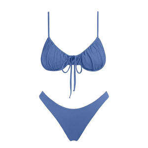 Conjunto de bikini de dos piezas acanalado para mujer, azul liso, top con cuello pronunciado y cordón, braga tipo tanga, traje de baño de punto elástico - Product Image 1