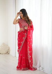 Sari en soie Fendy brodé de paillettes, ensemble avec pièce de blouse non cousue, tenue de fête et de festival, sari indien ethnique, vêtement régional - Product Image 4