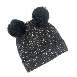 Bonnet unisexe noir à paillettes avec double pompon, tricoté à la main, motif à pois, bonnet d'hiver pour adultes, tenue décontractée - Product Image 4