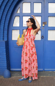 Robe longue de plage bohème à épaules dénudées en coton 100% à carreaux rouges et blancs avec franges pour femmes - Product Image 4