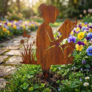 Décoration de jardin en métal en forme d'animal, Fille lisant un livre, résistante aux intempéries, pour usage extérieur - Product Image 3