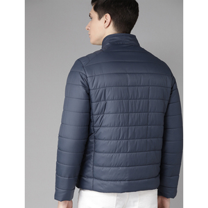 Men's Navy Blue <b>Slim</b> <b>Fit</b> Puffer <b>Jacket</b> Stand Collar Zipper Closure Windproof Casual Autumn Wear Regular Length Polyester Wadding - Product Image 2