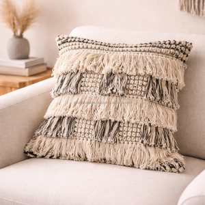 Funda de Almohada Cuadrada con Patrón Espigado, Estilo Boho, Hecha a Mano, Decoración Bohemia Vintage para Sofá, Sillón, con Flecos - Product Image 3