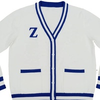 Cardigan en tricot blanc personnalisable OEM avec broderie bleue, col en V, manches longues, style preppy d'hiver, pull pour femme