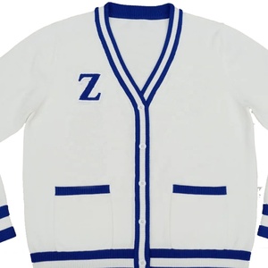 Cárdigan de punto blanco OEM con ribete azul y cuello en V con la letra Z, manga larga, estilo preppy para mujer. - Product Image 5