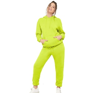 Custom Wholesale Plain Blank Fleece Pullover Hoodie Jogger Pants Lime Green Tracksuit - Product Image 2