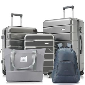 5 pezzi borsone espandibile zaino pieghevole Set 20/24/28 \ "valigie con ruote Spinner 360 gradi TSA lucchetto grigio - Product Image 1