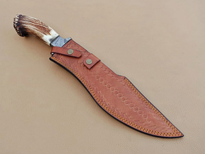 Couteau de chasse à lame fixe en acier Damas personnalisé, pointe clip, bord droit, avec manche en corne de cerf et étui en cuir, pour survie en extérieur - Product Image 5