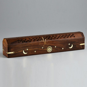 Luxury Handcrafted Wooden Incense Stick <b>Box</b> With Metal Star, Moon Inlay Work Carved Ash Catcher Holder For Home Decoration - Product Image 1