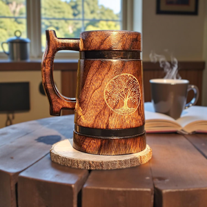 Chope à bière en bois haut de gamme 100% artisanale 16 oz, style moderne classique, certifiée CE, compatible micro-ondes, accessoires pour le vin, sac cadeau, tankard - Product Image 1