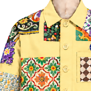 Veste de travail jaune citron à motifs floraux multicolores en patchwork, boutonnée sur le devant, décontractée, à manches longues, style streetwear tendance - Product Image 5