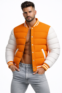 Blouson matelassé varsity orange et blanc pour homme, manteau bomber d'hiver matelassé, boutons-pression, streetwear, logo personnalisé, usine OEM ODM - Product Image 4