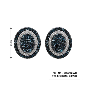 Pendientes de tuerca con halo ovalado de diamantes naturales azules y blancos de corte redondo de 1.87 quilates, plata de ley 925, color G-H - Product Image 4