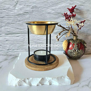 Iron Frame Black Powder Coated Wooden Base Brass <b>Oil</b> Bowl Aroma Diffuser Incense Burner Religious Incense Holder Lowest Price - Product Image 1