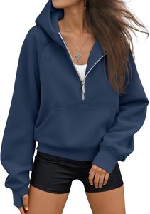 Sudadera con capucha unisex morada de moda con media cremallera, corte regular, de algodón polar, color liso, estilo oversize, para uso casual de otoño - Product Image 6