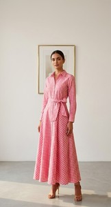 Vestido camisero largo a cuadros rosa para mujer, de manga larga, con cinturón, de algodón, corte en A. - Product Image 2