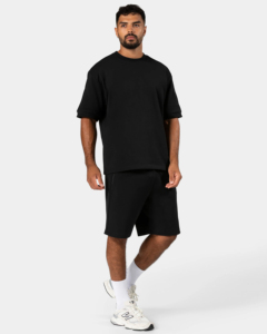 Conjunto de Verano Cómodo de Color Sólido para Hombre, Camisetas y Pantalones Cortos de Algodón Personalizados, Hombros Caídos, Corte Holgado, Transpirable, Estilo Urbano - Product Image 4