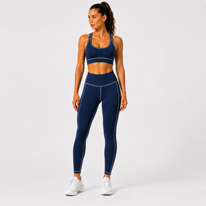 Women’s <b>Navy</b> Blue <b>Gym</b> <b>Set</b> High Waist Leggings Sports Bra Two Piece Activewear Workout Yoga Fitness Running Training Clothing <b>Set</b> - Product Image 1