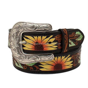 New Vintage Sunflower Pattern Embossed High Quality Hand Carved Western Leather Tooling <b>Belt</b> in All Sizes with <b>Silver</b> <b>Buckle</b> - Product Image 1