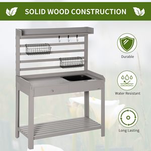 Grey Garden Potting Bench <b>Table</b> with Removable Sink Hooks Baskets and Metal Sieve Screen-for Outdoor <b>Plant</b> Care - Product Image 6