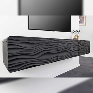 Meuble TV Vandana Imperial Field WAVE 160cm en bois de manguier noir avec sculptures 3D suspendues - Product Image 1